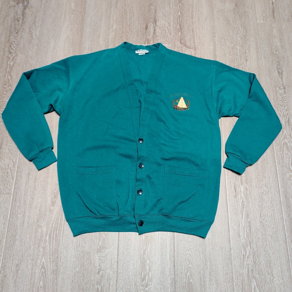 Vintage 80s Sunbelt Cardigan Sweatshirt Mens XL OS Teal Atlantic City Made USA